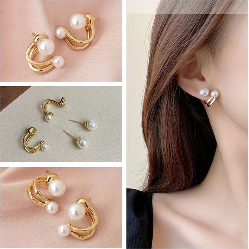 2 In 1 Anting Stud S925 Gold Aksen Mutiara Warna Permen Gaya Retro Untuk Wanita