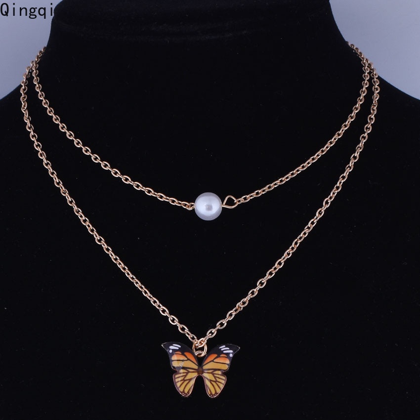 Anting Dan Kalung Rantai Liontin Butterfly Warna-Warni Untuk Wanita