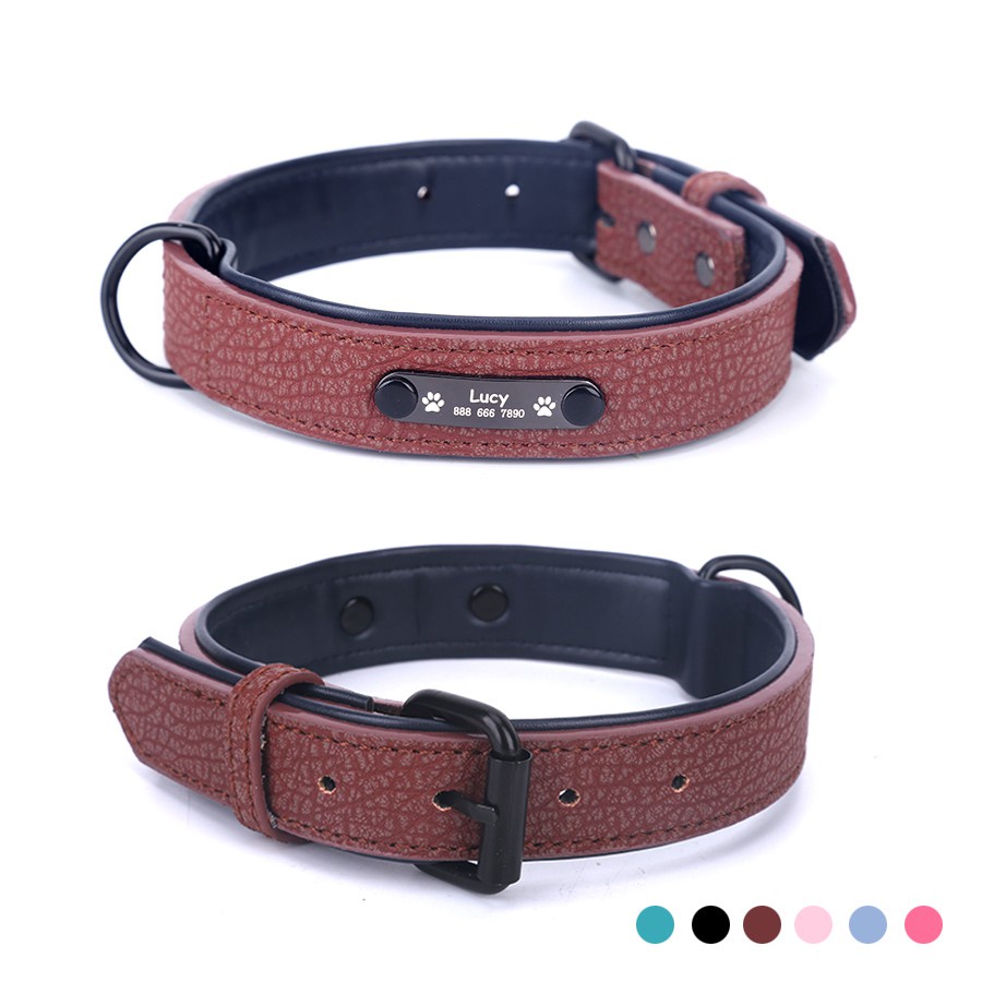 Personalized Dog Collars Adjustable Soft Leather Custom Dog Collar ID Tag Untuk Anak Anjing Kucing Anjing Besar Kerah