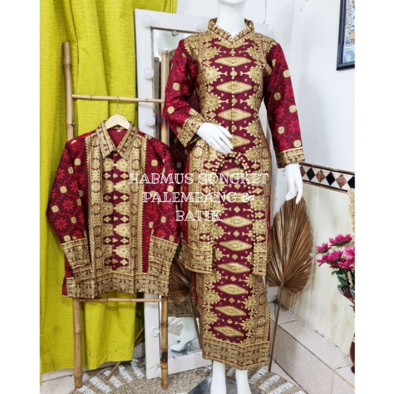 setelan couple batik songket palembang maron gold