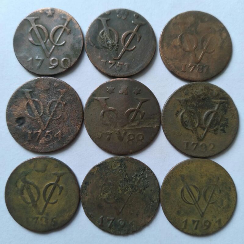 Set 9 Kpg Koin Kuno 1 Duit VOC Tahun 1700-an Beda Semua