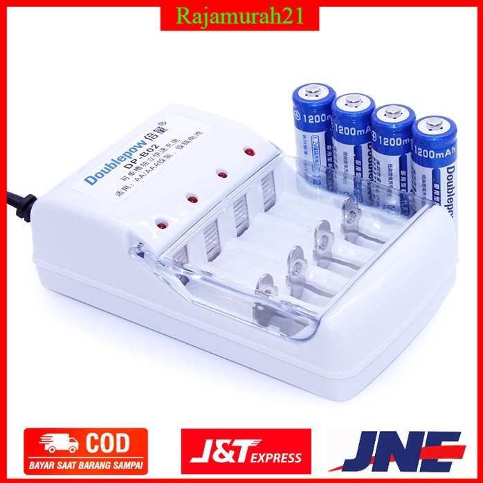 PROMO DOUBLEPOW Charger Baterai 4 slot for AA/AAA with 4 PCS AAA Battery Rechargeable NiMH 1200mAh