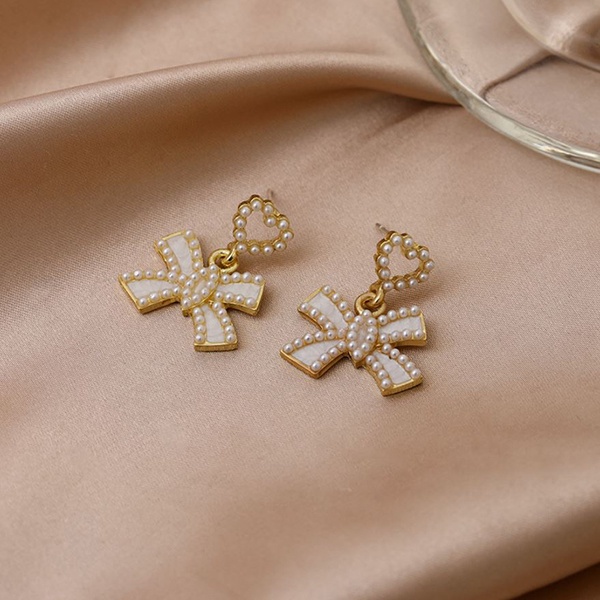 anting pita hati mutiara pearl love bow earrings jan305 (2E3)