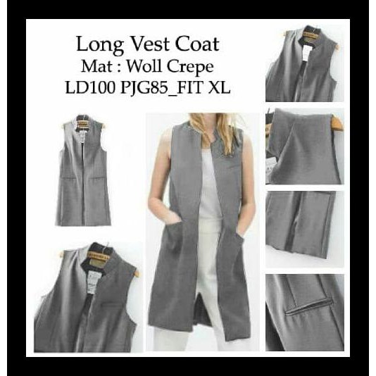 Long Vest Coat Grey Ro Vest Wanita Woll Crepe Abu Abu