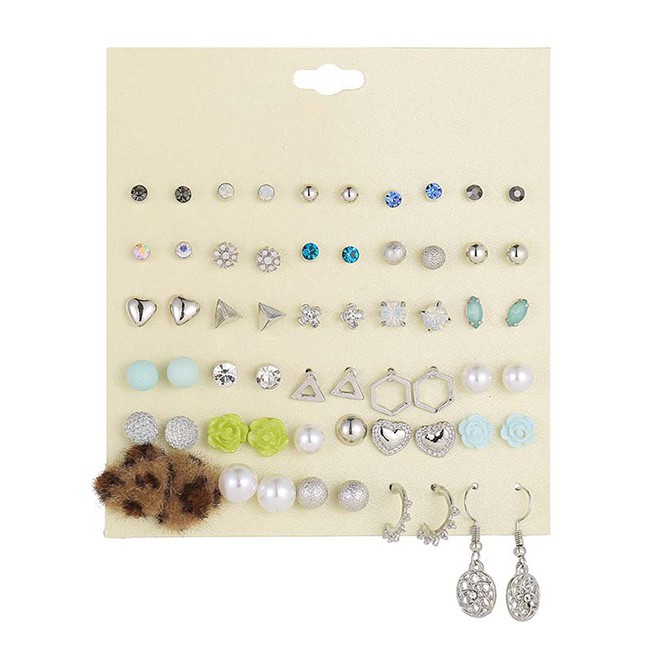 LRC Anting Set Fashion Color Mixing Leopard Heart Diamond Earring Set 30 Pairs D94151