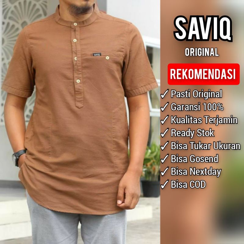 SAVIQ kurta lengan pendek baju muslim linen pria koko pakistan Coklat Muda kode KQS3005