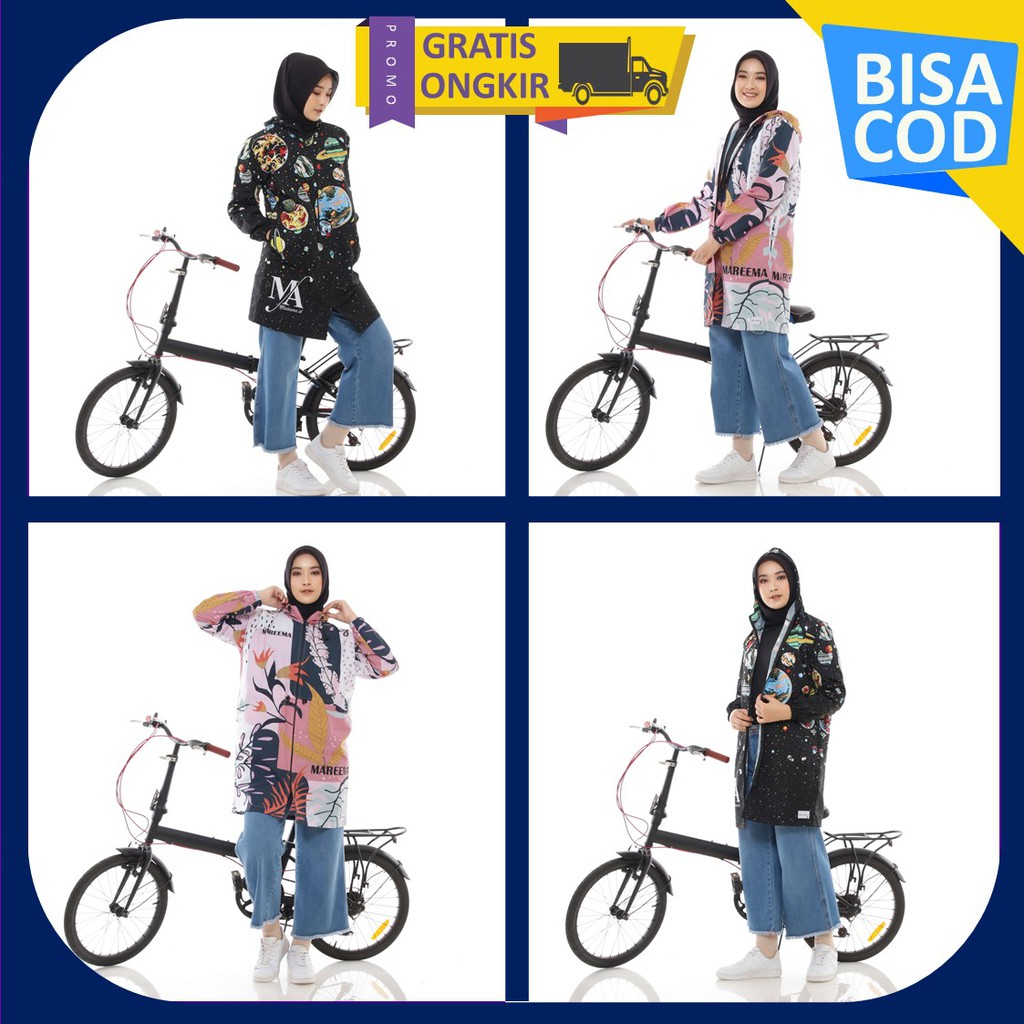 Long Jaket Hoodie Parasut Printing Wanita Muslimah Olahraga Sepeda