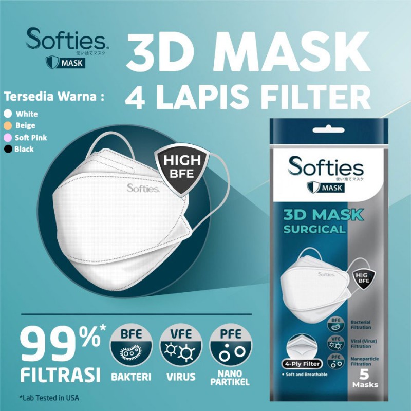 Softies 3D Surgical Mask 4 ply KF94 Masker Medis Dewasa - 5 Pcs