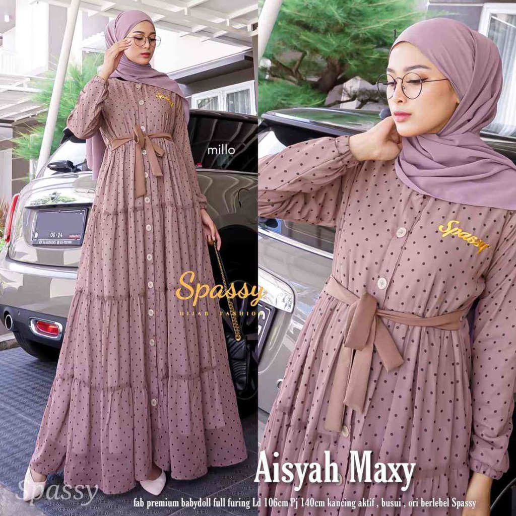 Gamis Motif Polkadot Terbaru Baju Syari Muslim Wanita Aisyah Maxy Dress Ori Spassy