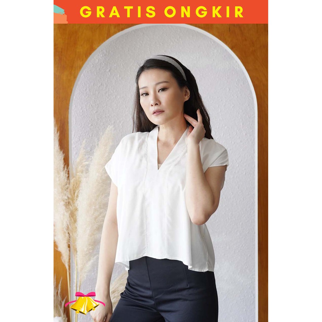 COTTONBELLS BLOUSE CASUAL WANITA WHITNEY PLAID V - NECK RAYON TIED TOP (LQ - B 11826)-1