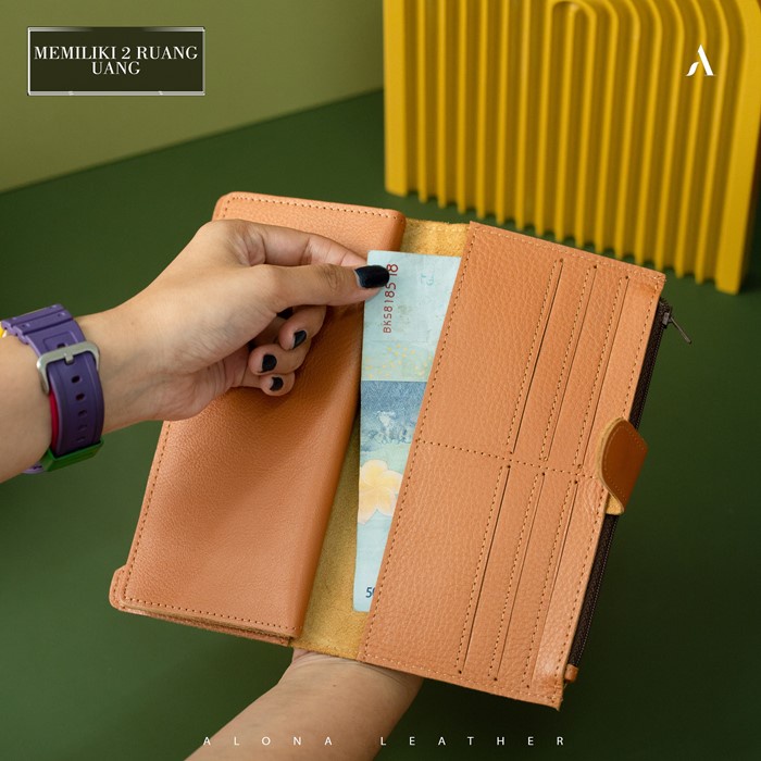 Dompet Panjang Kulit Wanita Branded Alona Evelyn Leather Wallet Bahan 100% Kulit Sapi Asli Original Premium Cewek Terbaru