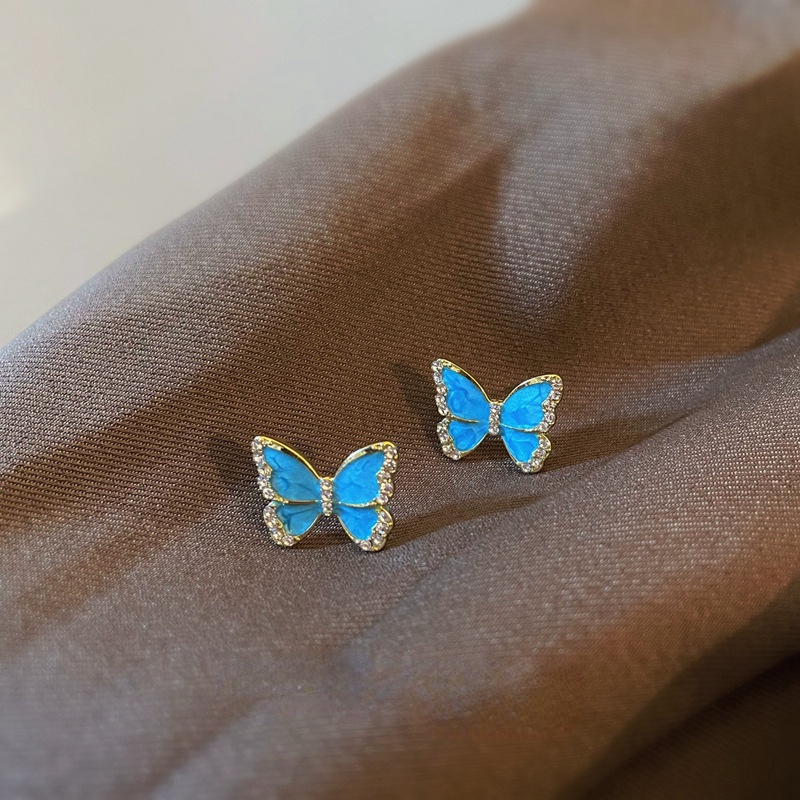 Anting Tusuk Silver Desain Kupukupu Biru Hias Zircon Gaya Korea Untuk Wanita Butterfly