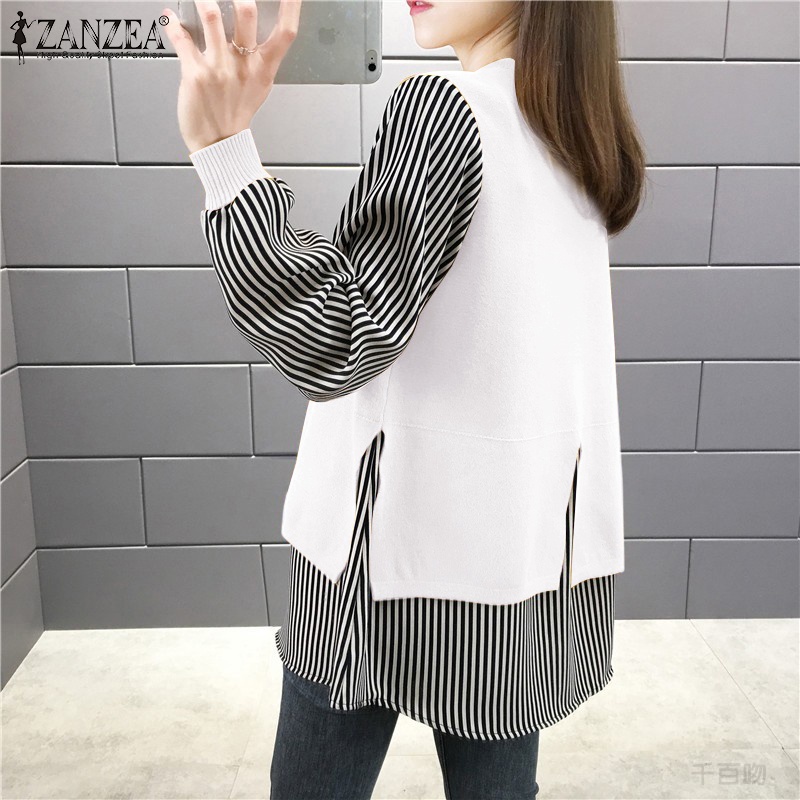 ZANZEA Women Loose Long Sleeve Crew Neck Stripe Patchwork Fashion Blouse