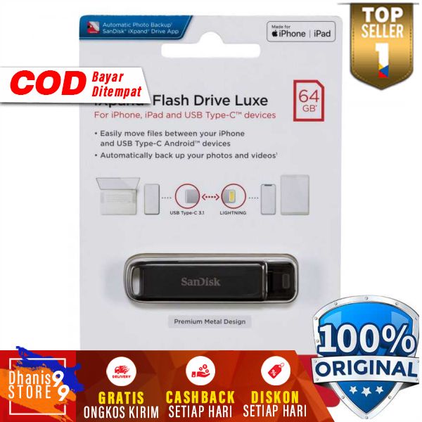 SanDisk iXpand Flashdisk Drive Luxe USB Type C Lightning Type C for iPhone iPad Mac Android Flas Disk Berkualitas