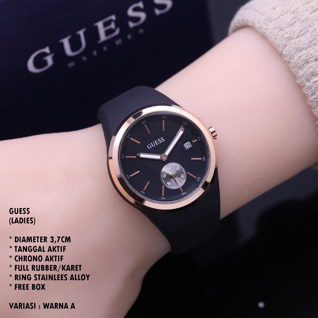 (BISA COD) JAM TANGAN WANITA GUESS TALI RUBBER BODY BULAT TANGGAL &amp; CHRONO AKTIF