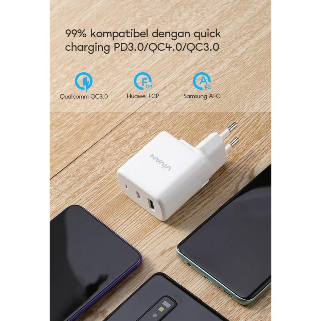 Travel Charger Vivan 2 Port Usb QC 4.0 Power Boost 5A Type C 45W