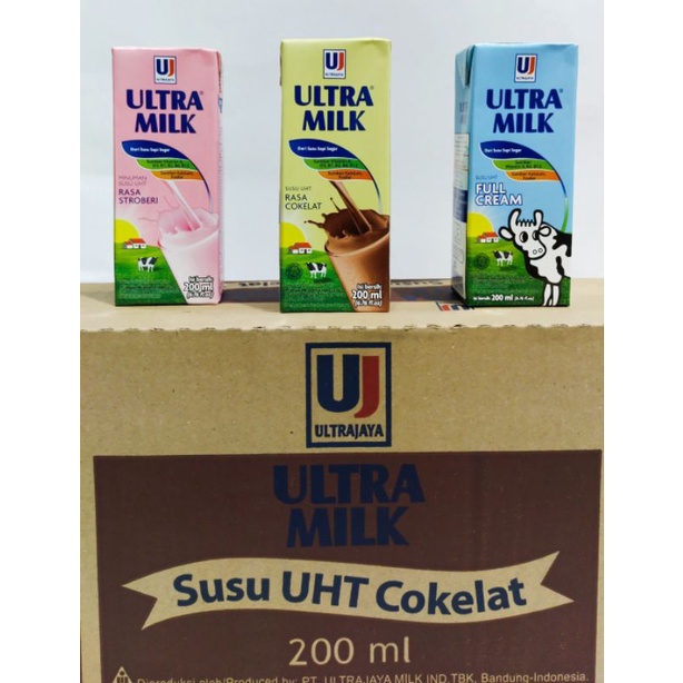 susu kotak uht ultra milk 200 ml rasa strowberi - coklat - full cream