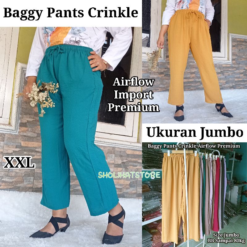 BAGGY PANTS CRINKLE AIRFLOW IMPORT PREMIUM UKURAN JUMBO SAMPAI BB 80KG / BAGGY PANTS WANITA HIGH WAIST BAHAN CRINKLE AIRFLOW / BAGGY WANITA BAHAN AIRFLOW HIGH WAIST / CELANA BAGGY WANITA CRINKLE AIRFLOW IMPORT TERBARU / SHOLIHATSTORE