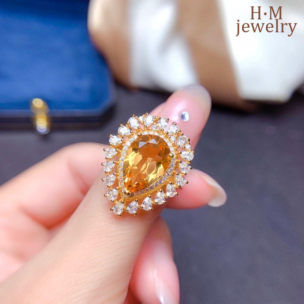 Cincin Lapis Emas 18K Dengan Batu Citrine Natural Mewah Untuk Wanita