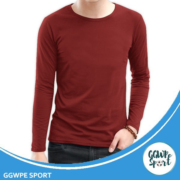 KAOS POLOS LENGAN PANJANG COTTON COMBED 30s KATUN PRIA LONGSLEEVE WARNA MERAH MAROON MARUN TERBAIK