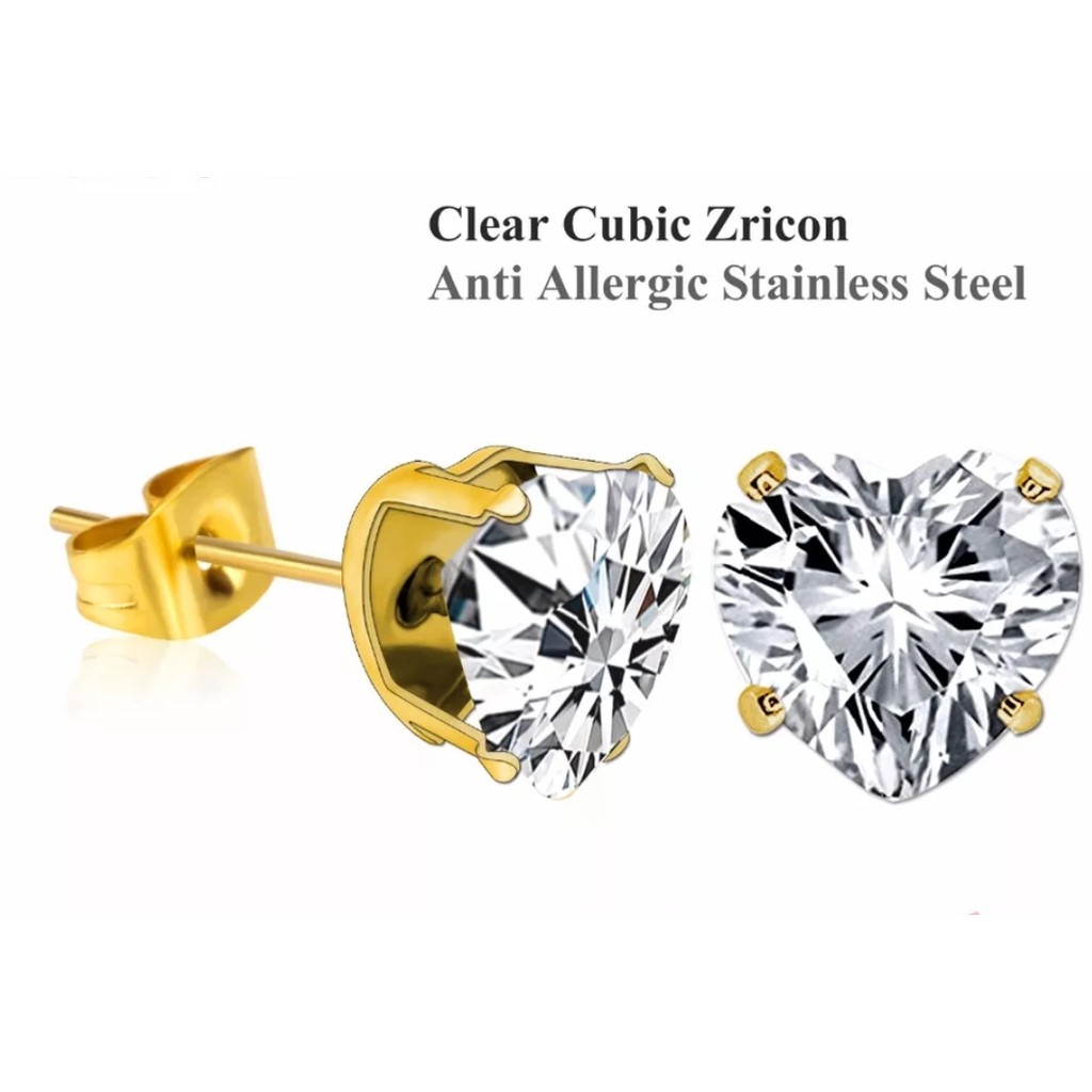 Anting Tusuk Stenless Bentuk Love Zirkon Artifisial Bentuk Hati Warna Stell Gold dan Silver 0,4cm, 0,5cm, 0,6cm, dan 0,8cm