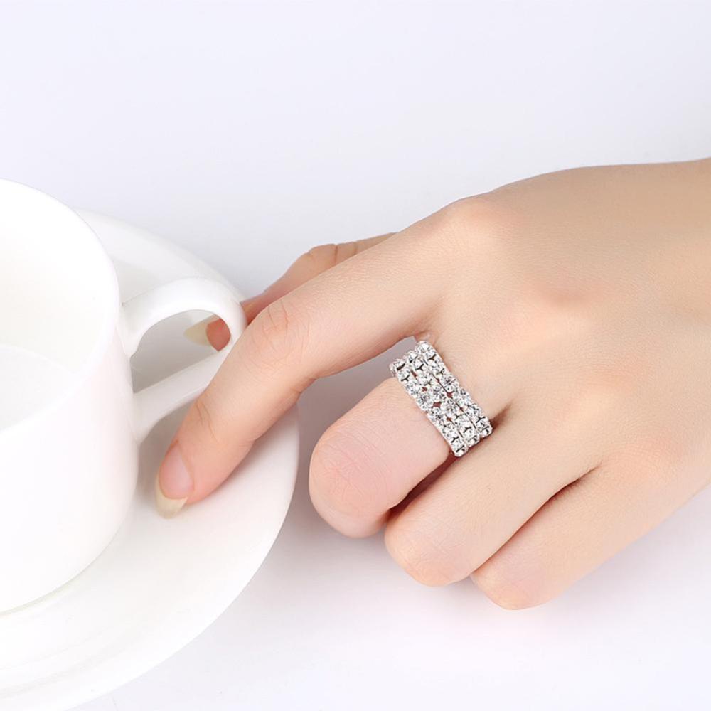 Timekey Cincin Lapis Silver 1 / 2 / 3 / 4 Baris Hias Kristal Berlian Imitasi Adjustable Untuk Wanita A4K6