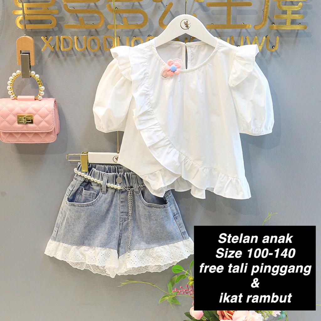 (LOLI-JKT) BS-272 SET ANAK CEWEK FREE BELT DAN HAIR TIE + CELANA JEANS SIZE 100-140