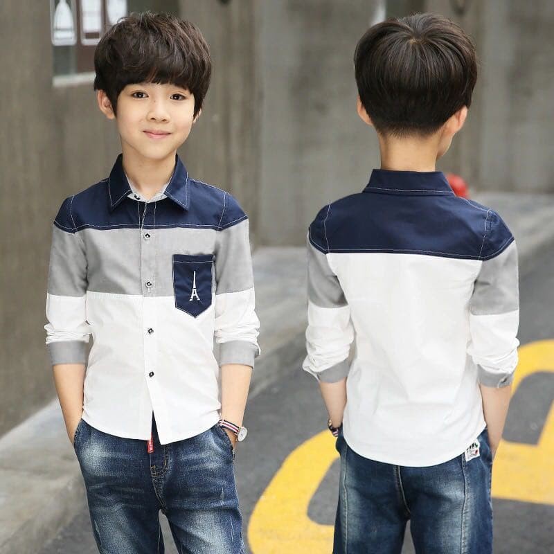 Baju atasan kemeja anak laki-laki katun stretch lengan panjang 3 4 5 6 7 8 9 tahun Pakaian busana an