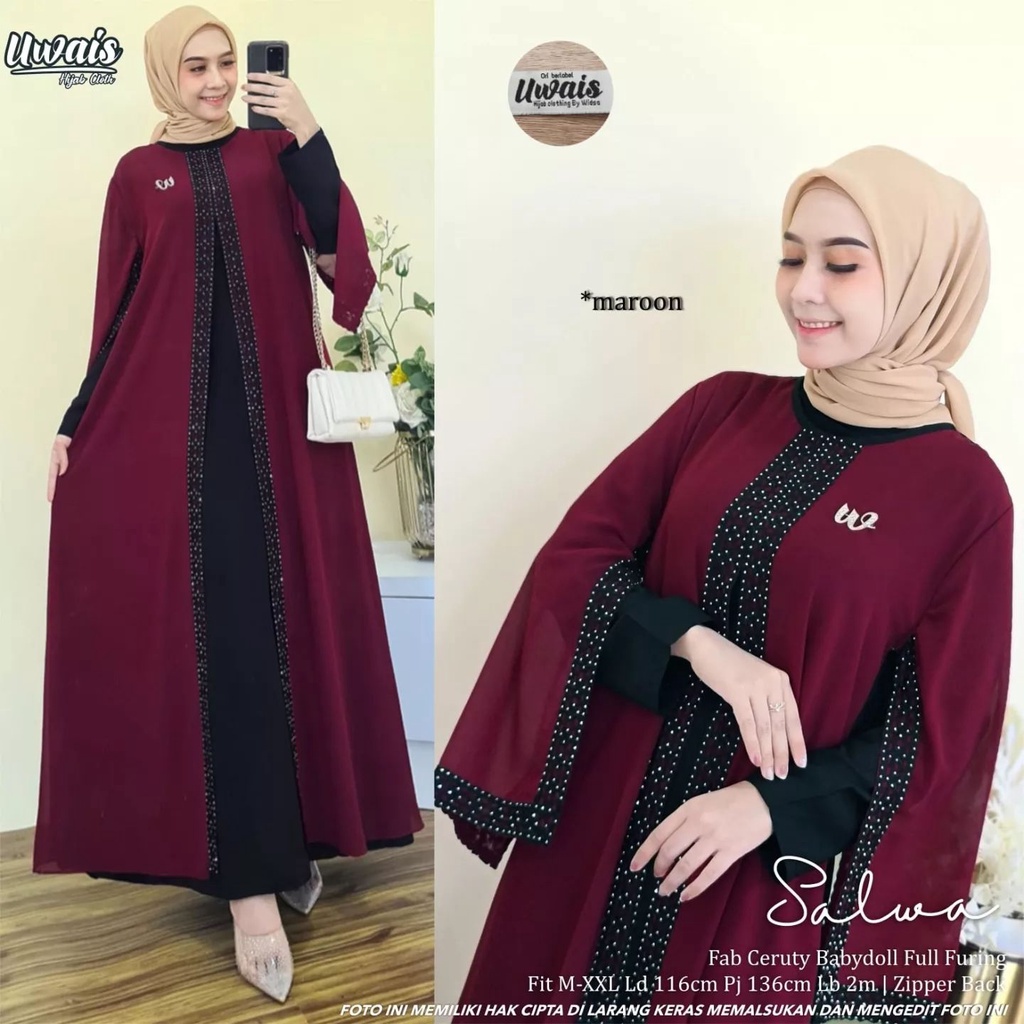 DUBAY SALWA Baju Gamis Wanita Lengan Panjang Maxy Dress Ori Mat ceruty babydoll full furing Warna Mu