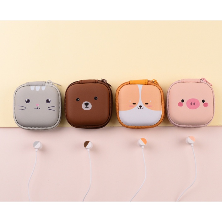 [E-207] Set Headset Earphone Kartun Wajah ANIMAL Kotak / Wadah Earphone Karakter HEWAN Bentuk Kotak Lucu