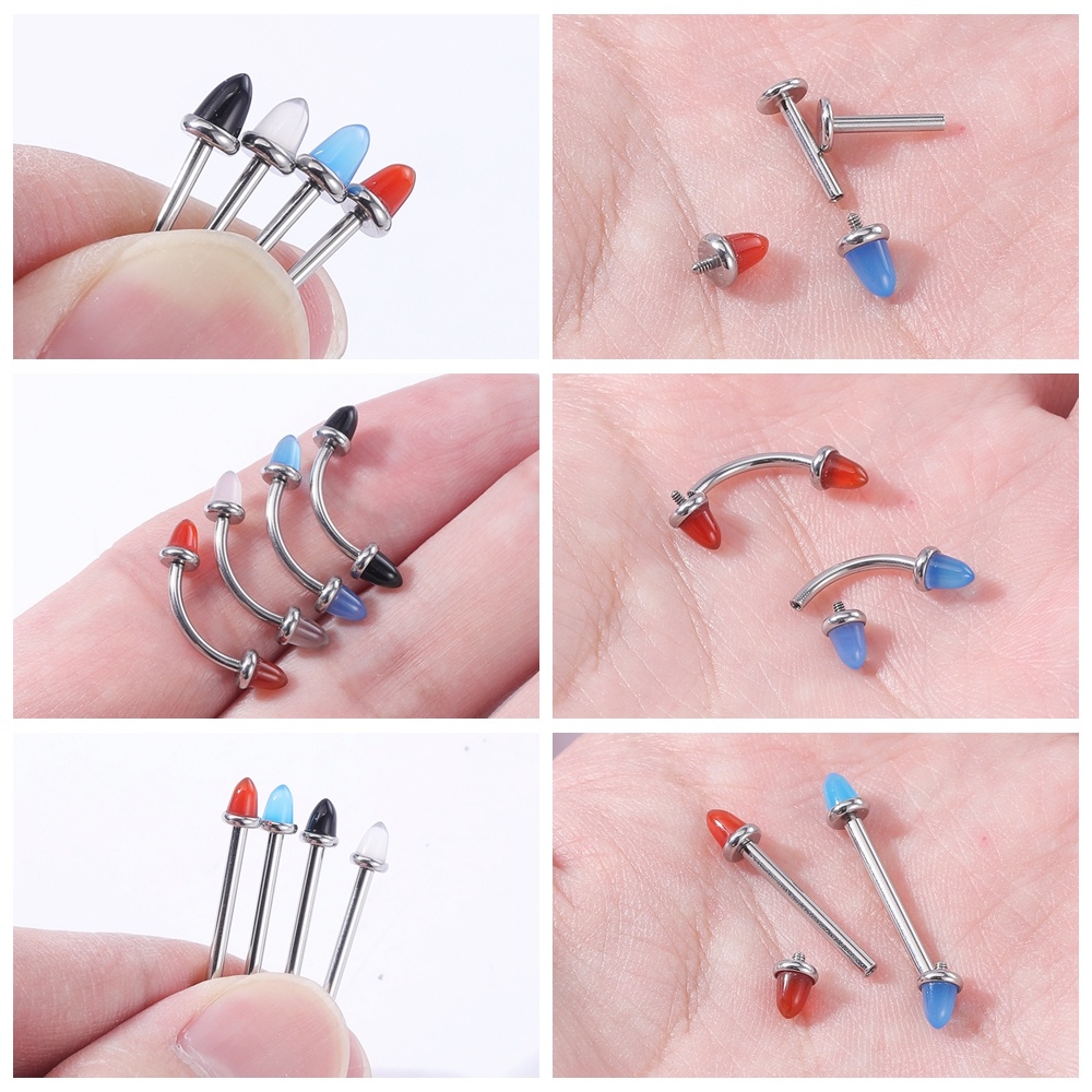 1pc Anting Tindik Hidung / Alis / Bibir Bahan Stainless Steel Hias Batu Agate 4 Warna Untuk Wanita