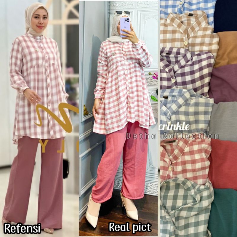 (Bisa COD) Setcel Blouse Crinkle/Setelan Tunik Crinkel Terbaru/Oneset Kringkel Terbaru
