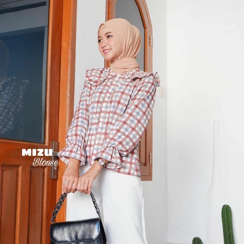 BLOUSE Bisa COD/Bayar ditempat/Gratis Ongkir  || Blouse TARTAN LENGAN BALON MIZU KOREAN STYLE | KEMEJA FLANEL WANITA NUMMA/KEMEJA CROP LENGAN PANJANG TARTAN-Mizu Maroon New