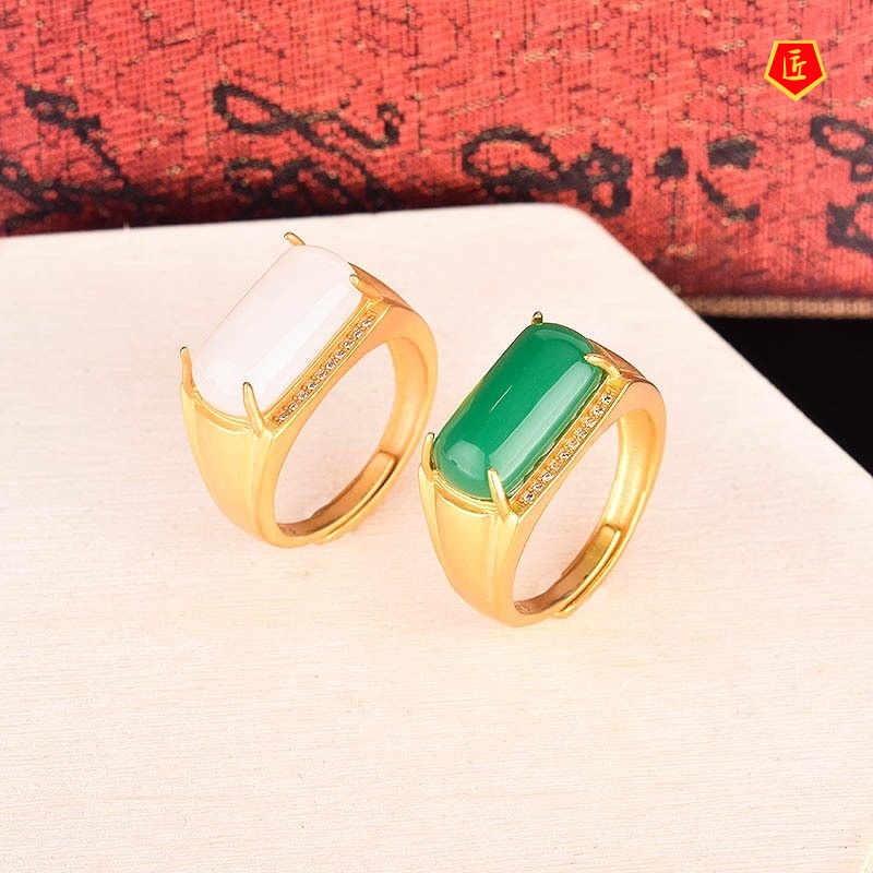 [Ready Stock]Elegant Inlaid Hetian Jade Gold Ring