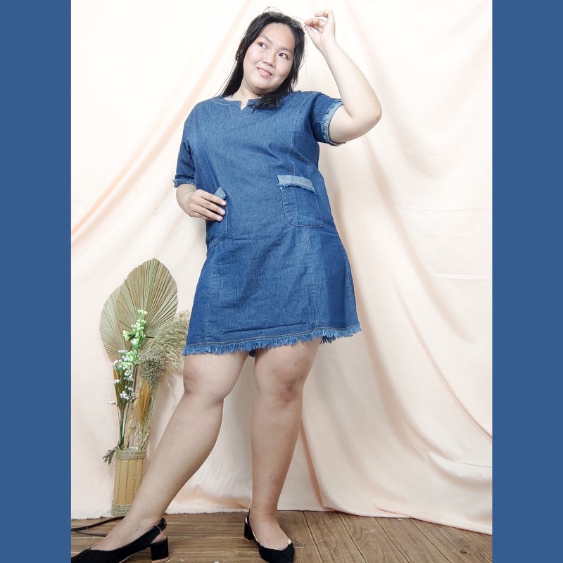 SB Collection Midi Dress Valerine Short Dress Jeans Wanita Jumbo All Size Biru Tua dan Muda