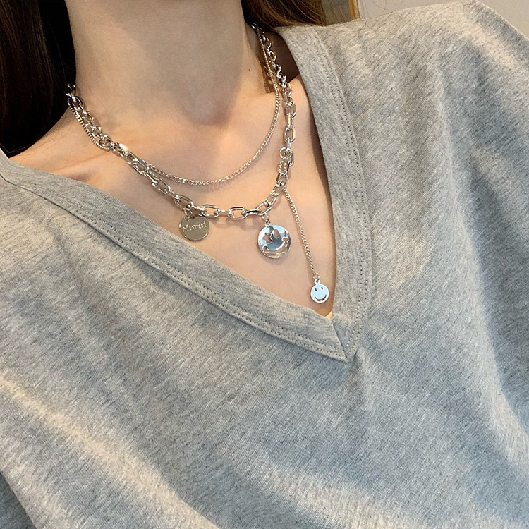 Korean Silver Chain Emoji Necklace Female Hip Hop Double Pendant