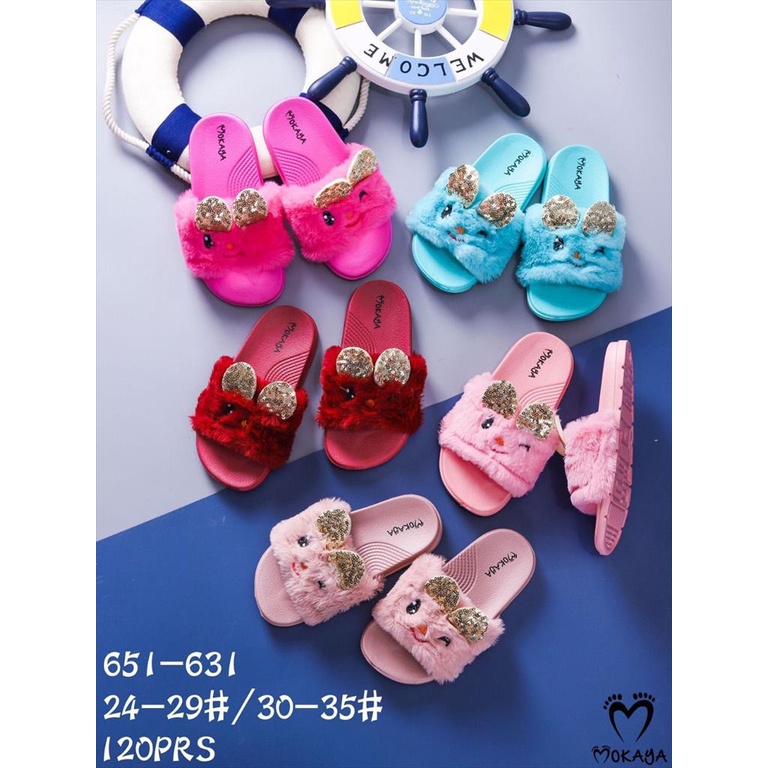 Sandal Slop Bulu Anak Cewek Kucing Kuping Gold Super Cute Cantik Lucu Import Mokaya / Size 30-35 (65