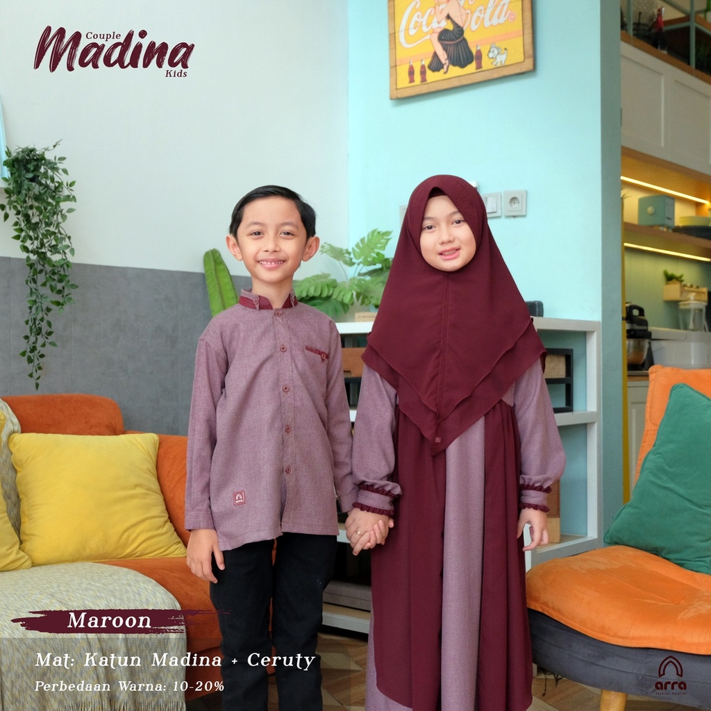 Arra Sarimbit Keluarga Gamis Ayah Ibu Anak Series Madina Warna Maroon Marun Original Premium Baju Couple Busana Muslim Terbaru 2022