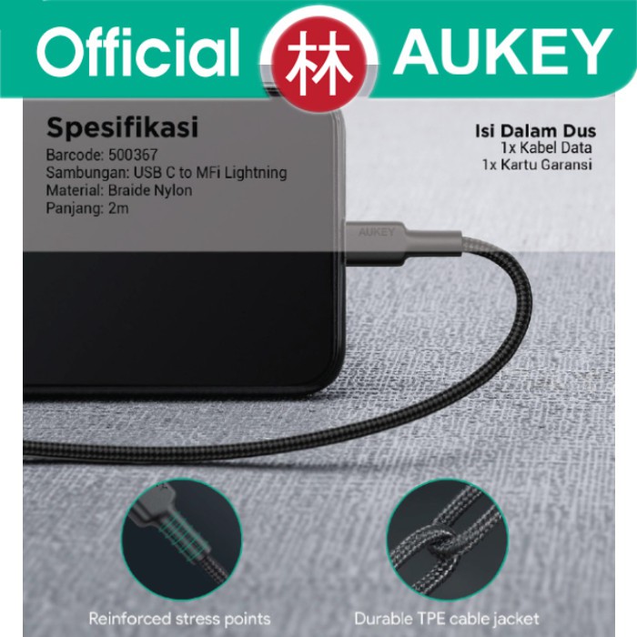 Aukey CB-CL2 Data Cable Type-C To Ligthning Braided Nylon 2M