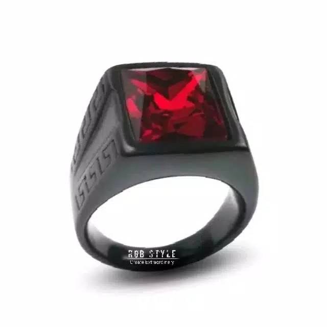Cincin Pria Batu Merah Red Ruby Titanium Black Carbon