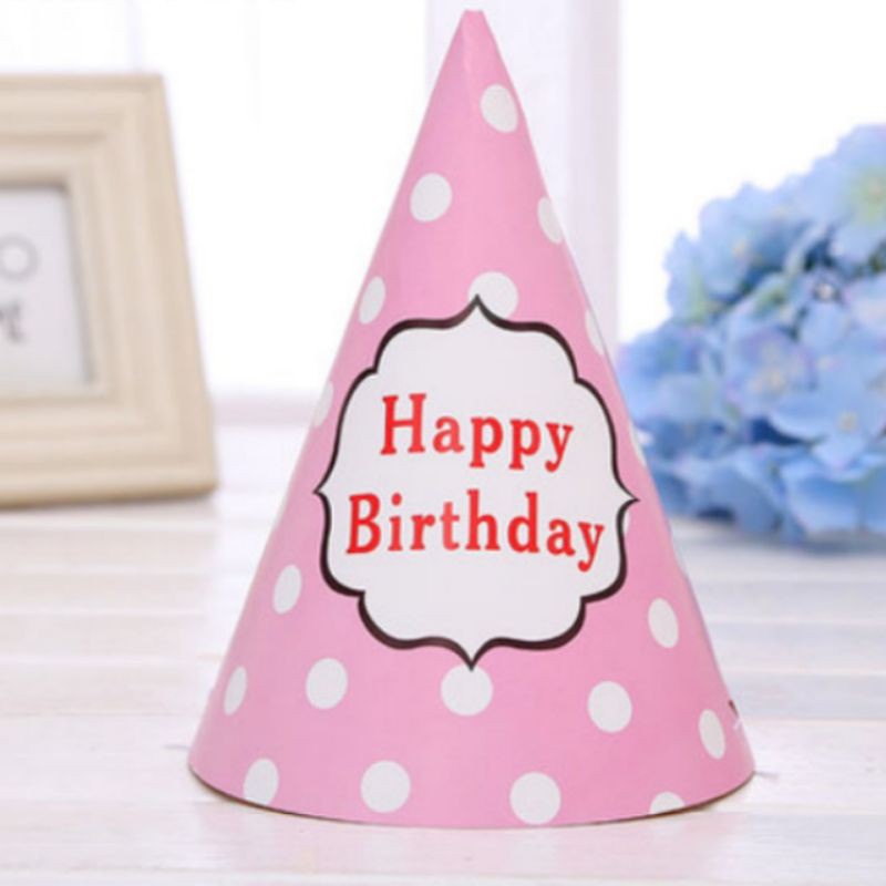 topi ulang tahun isi 10 polcadot happy birthday pink blue high quality isi 10 biru pink