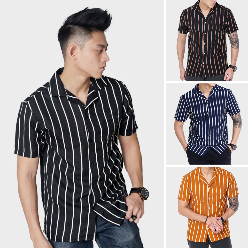 BASIC STRIPES SHIRT - Kemeja Salur Lengan Pendek Kasual