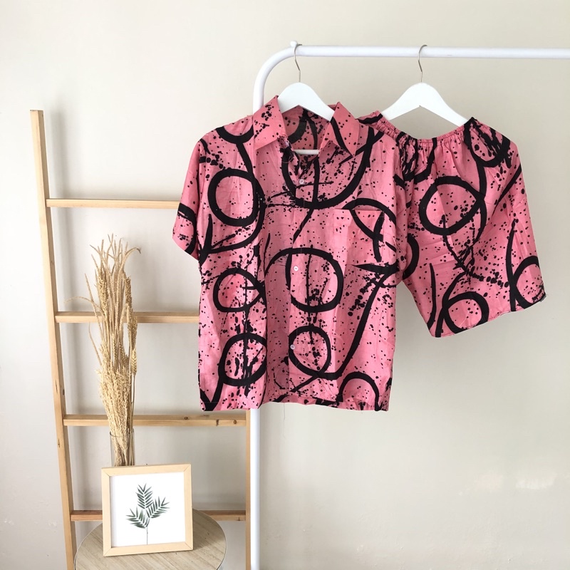 hirafa - One Set Setelan Atas Bawah Full Kancing / Baju Santai Tie Dye / Baju Wanita Pria-Ring - Pink