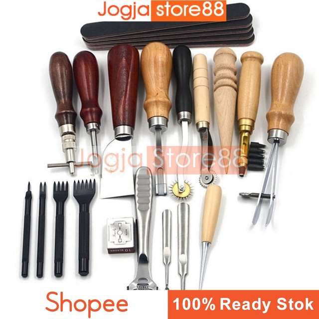 

Alat Set Peralatan Kerajinan Kulit | 18 in 1 Material Stainless Steel + Wood Berkualitas