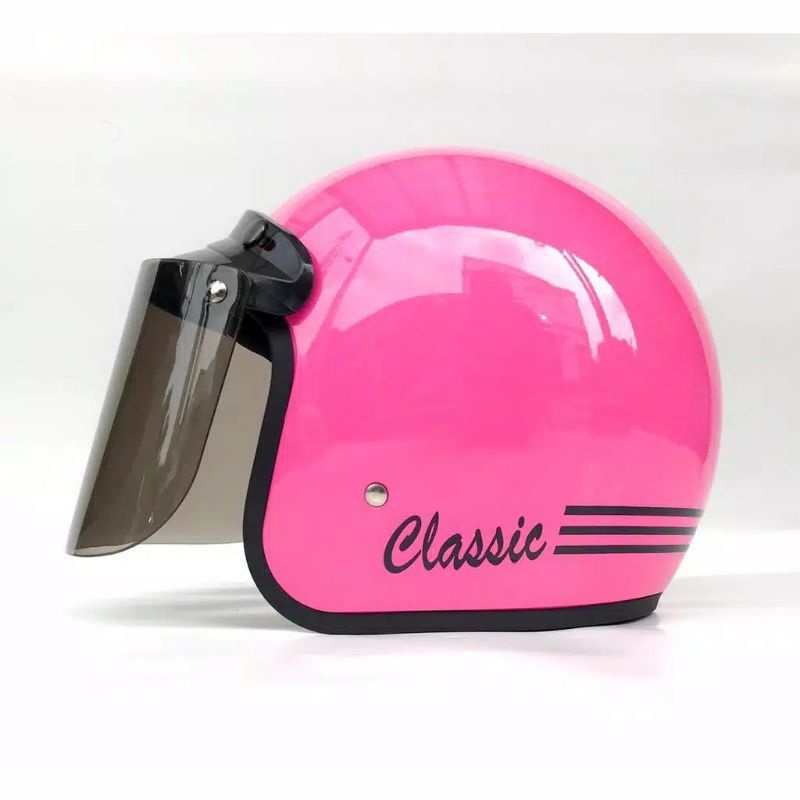 COD HELM BOGO DEWASA CLASIC GARIS  DEWASA POLOS GARIS KACA FLAT DATAR DAN KACA CEMBUNG-Pink glossy