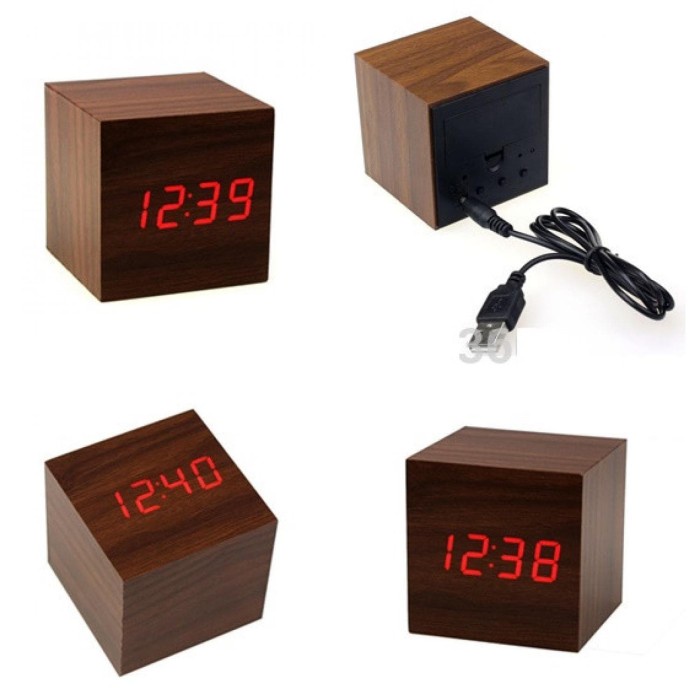 Jam Kayu Unik Kubus / LED Digital Wood Clock - JK-808 - Coklat