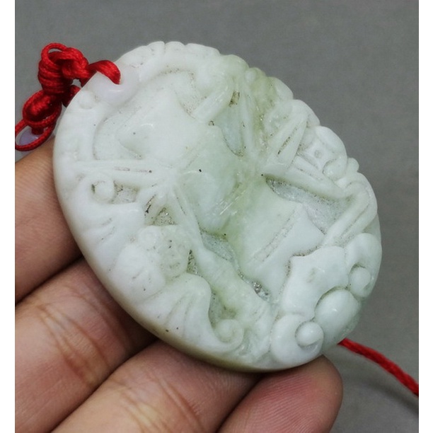 Kalung batu Permata Giok Asli Tali Merah Ukir Bambu