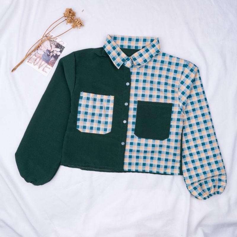 KEMEJA OLIVE TWO TONE MOTIF TARTAN / KEMEJA CROP TOP OLIVIA WANITA/ cropped kemeja 2tone 2 tone dua warna saku atasan wanita kuliah office formal Tartan hijau botol cream coksu coklat kemeja kotak