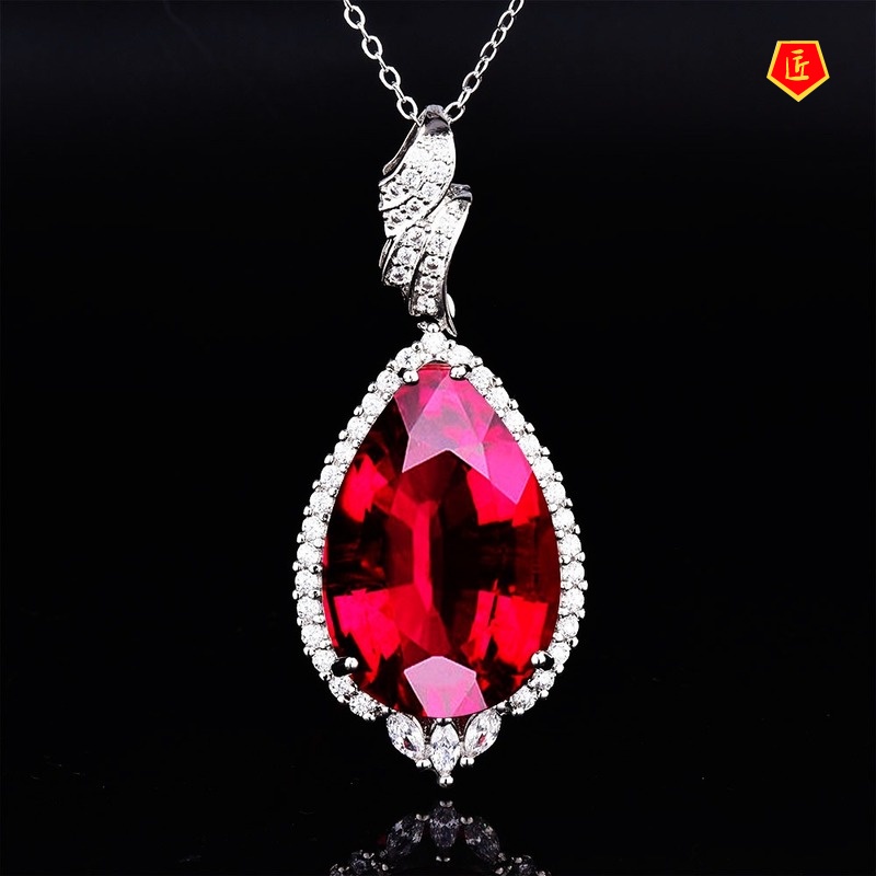 [Ready Stock]Luxury Water Drop Pear-Shaped Colored Gems Necklace Silver Elegant Fashion