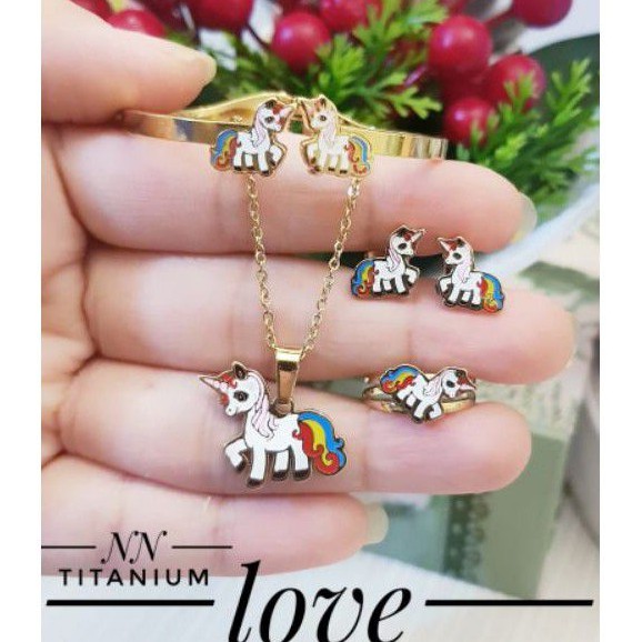 (NOV) TERMURAH Set Perhiasan TITANIUM ANAK Anti Karat Gelang Cincin Anting Kalung Kuda Poni Xuping